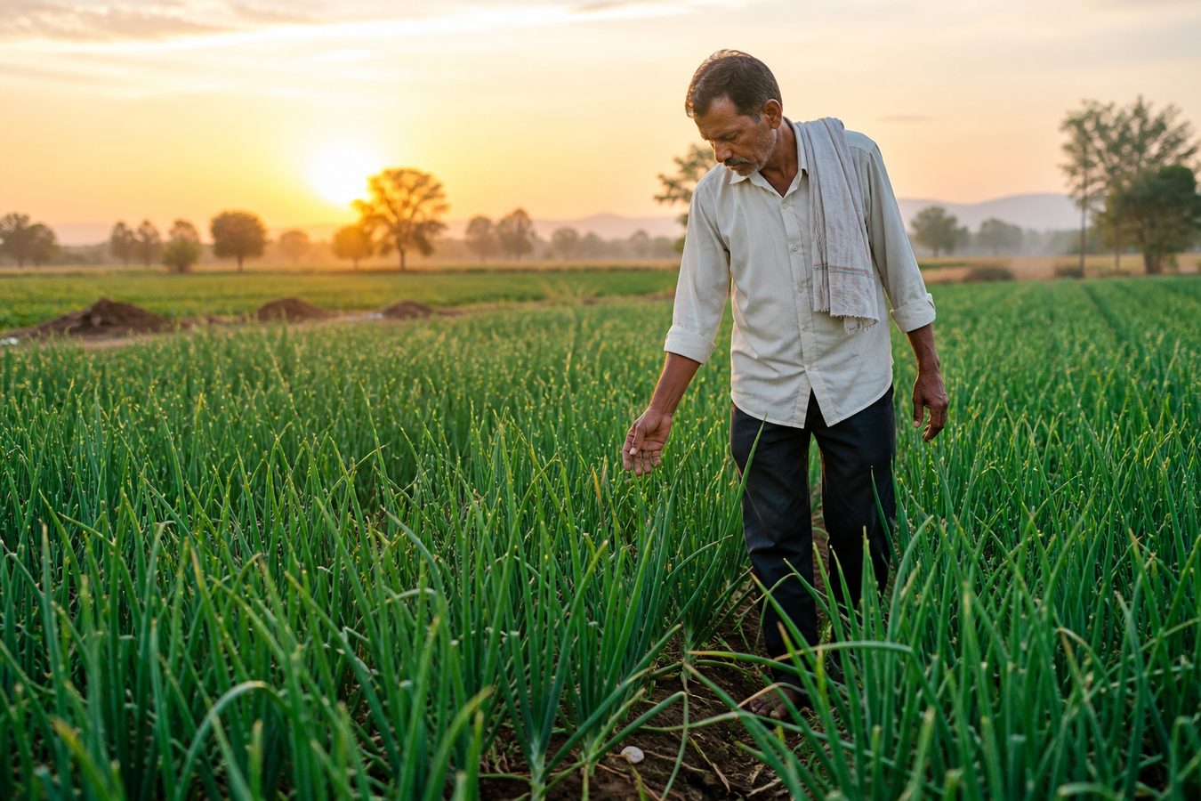 Farmer walking through an onion field at sunrise
