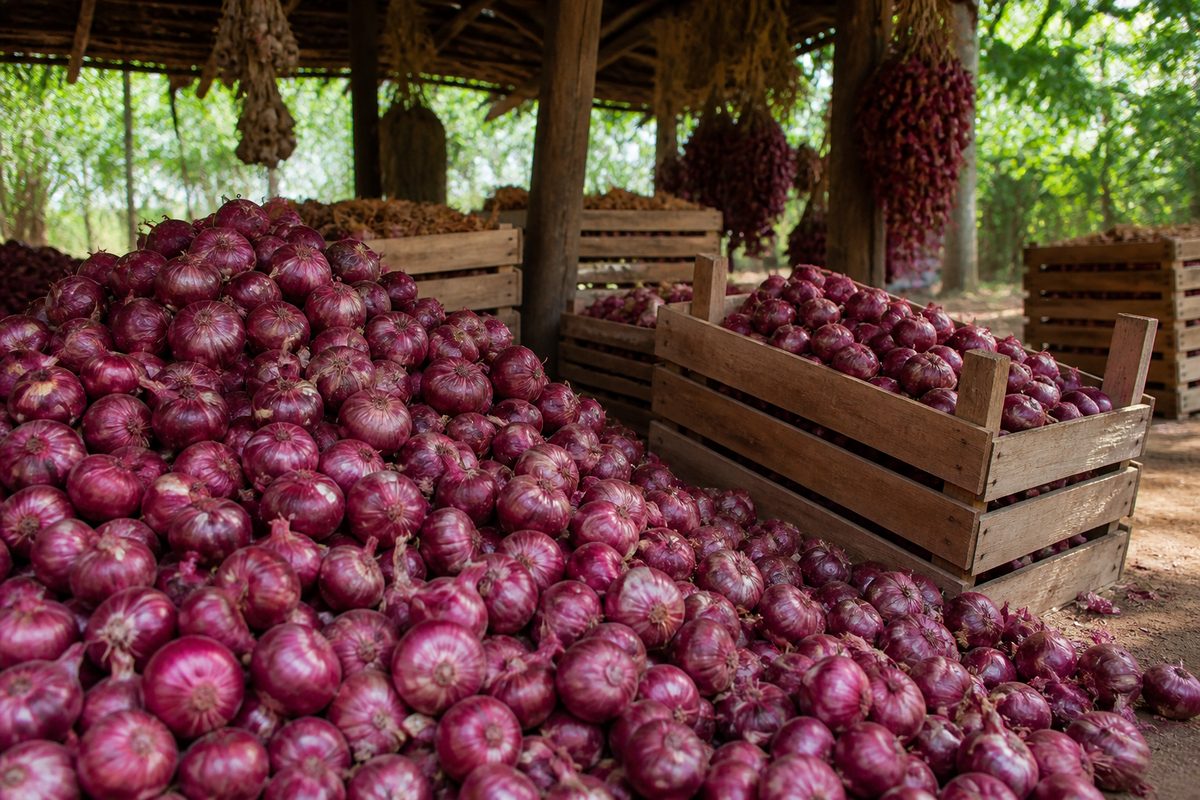 Harvested red onions stored in a farm shed