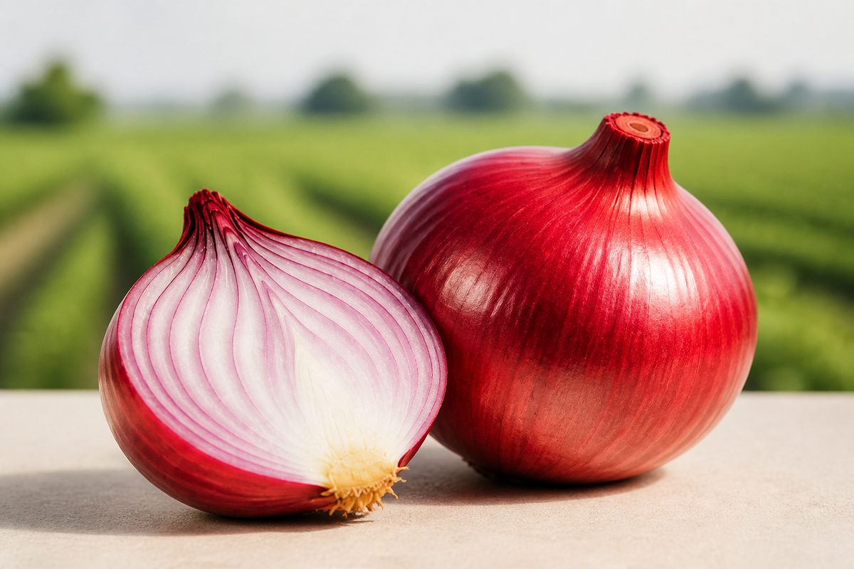 Whole and sliced deep red onions