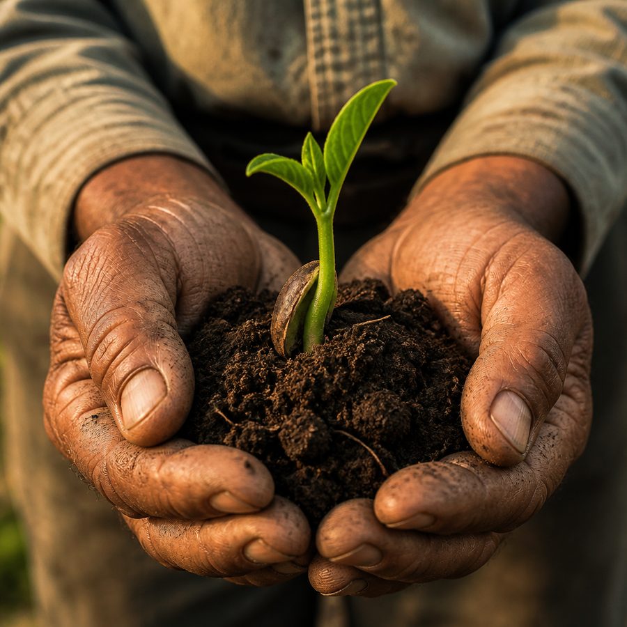 Hands holding soil and a young sprout